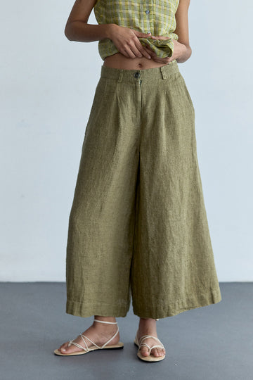 Pantalón Ancho Lino - Musgo