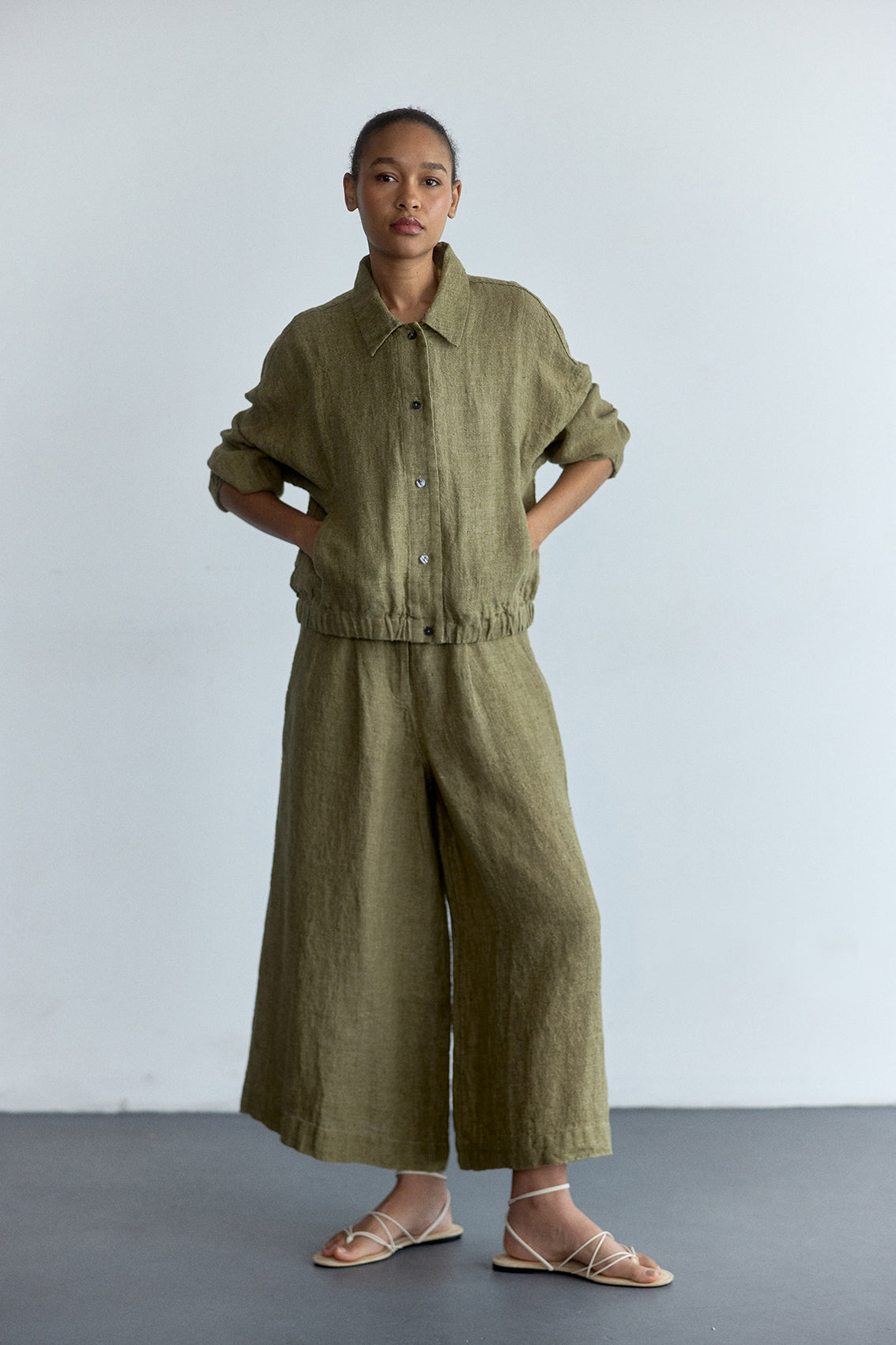 Pantalón Ancho Lino - Musgo