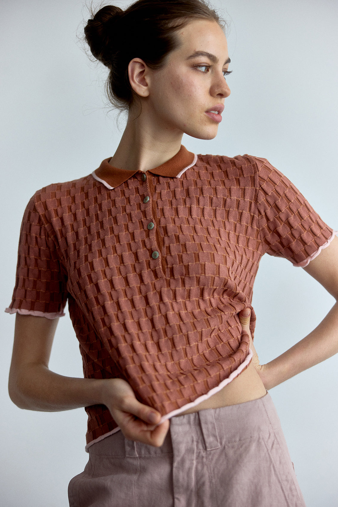 Top Cuello Polo Contraste Texturado Algodón Pima - Pomelo