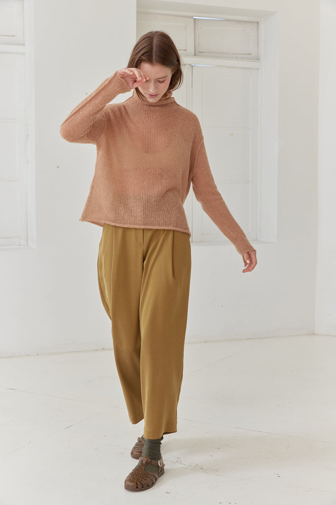 Sheer Knit Roll Neck Sweater Baby Alpaca - Almendra