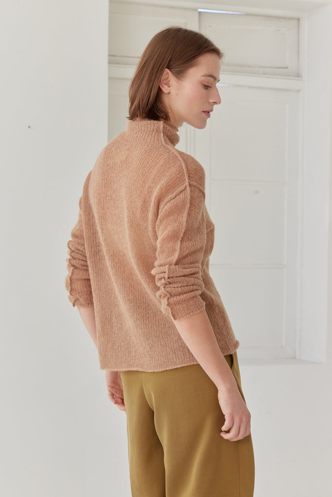 Sheer Knit Roll Neck Sweater Baby Alpaca - Almendra