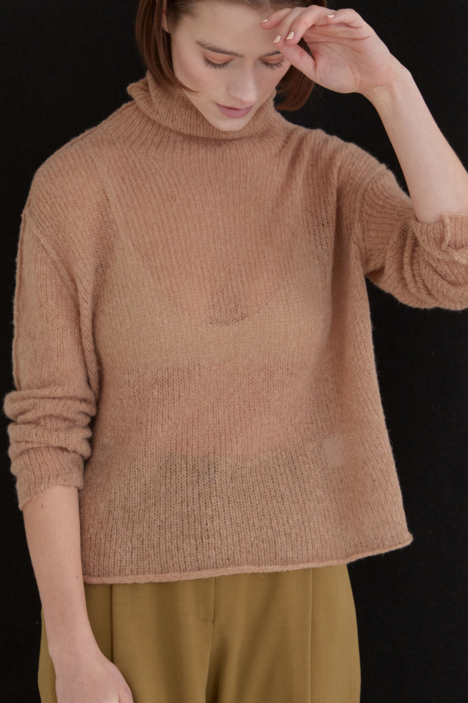 Sheer Knit Roll Neck Sweater Baby Alpaca - Almendra