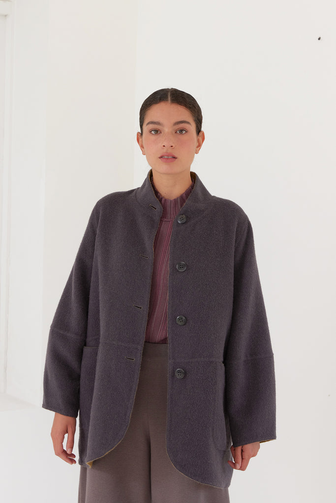 Abrigo Chaquetón Reversible Baby Alpaca - Oliva/Humo