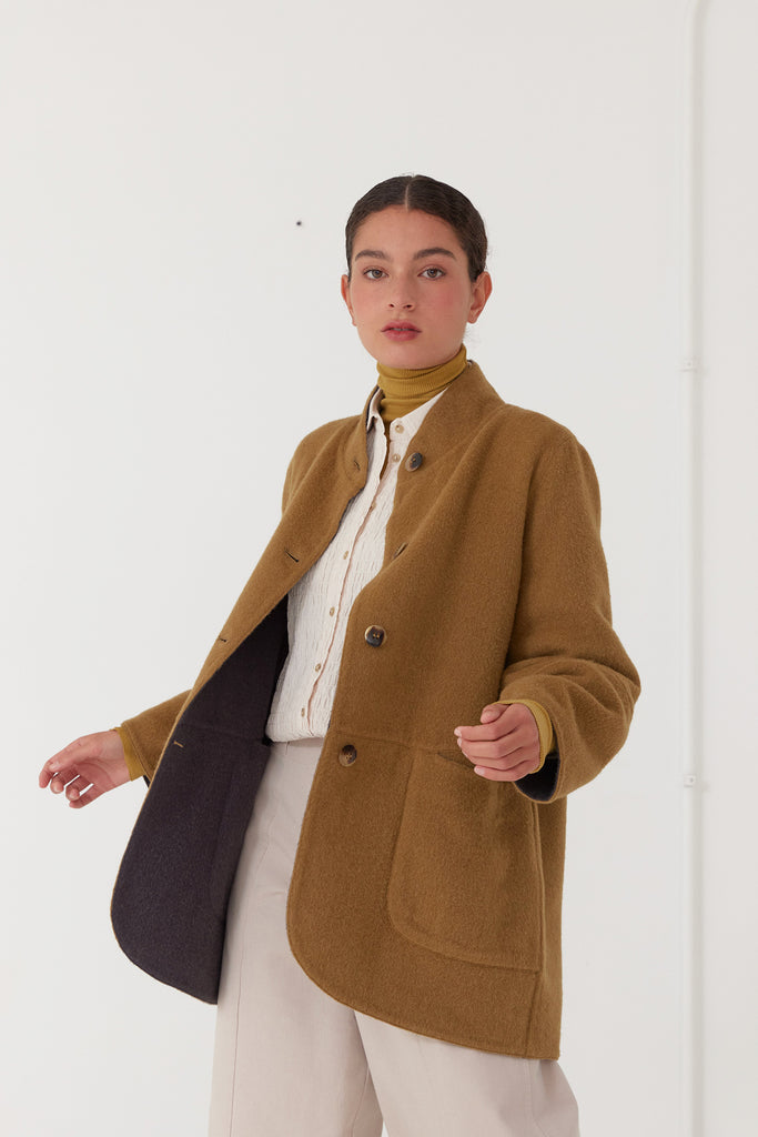 Abrigo Chaquetón Reversible Baby Alpaca - Oliva/Humo