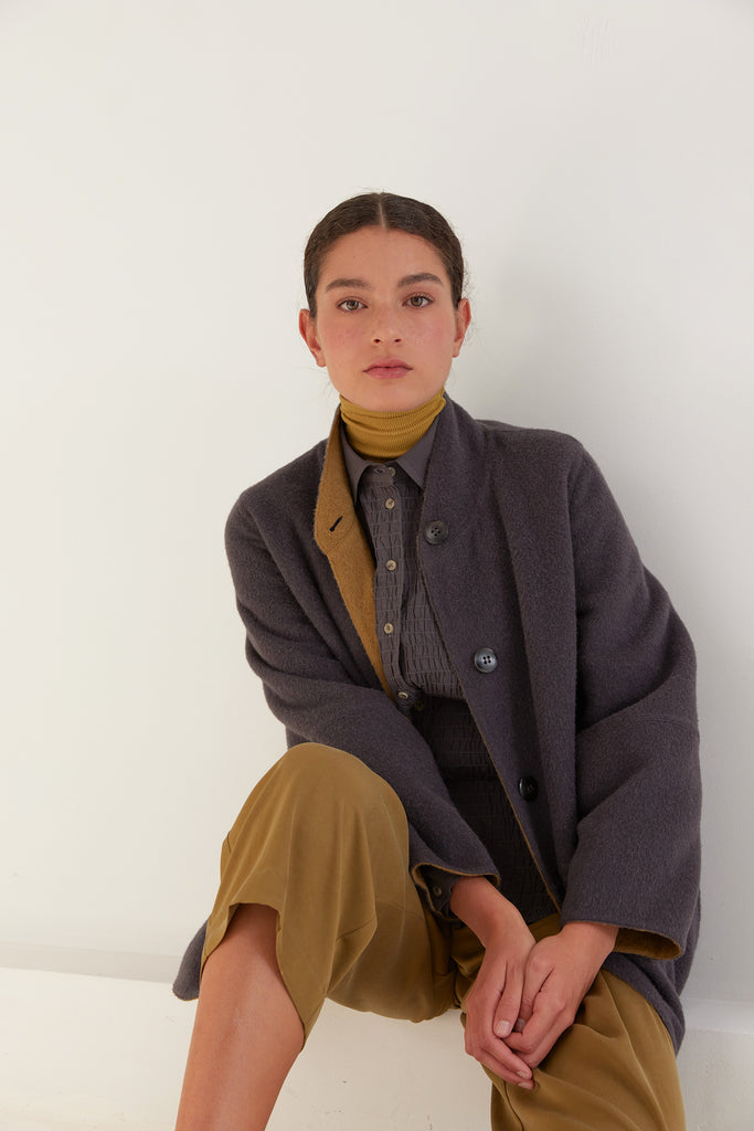 Abrigo Chaquetón Reversible Baby Alpaca - Oliva/Humo