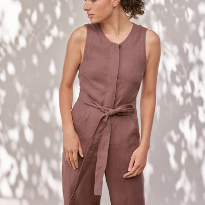 Tie-Waist Sleeveless Linen Jumpsuit - Higo