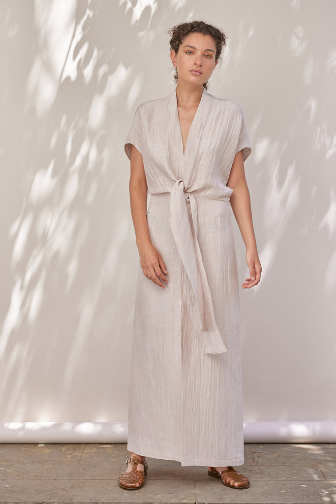 Tie-Waist Textured Silk/Linen Long Dress - Arena