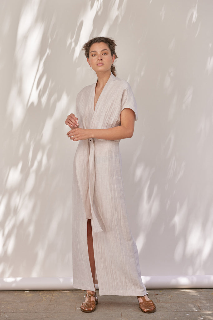 Tie-Waist Textured Silk/Linen Long Dress - Arena