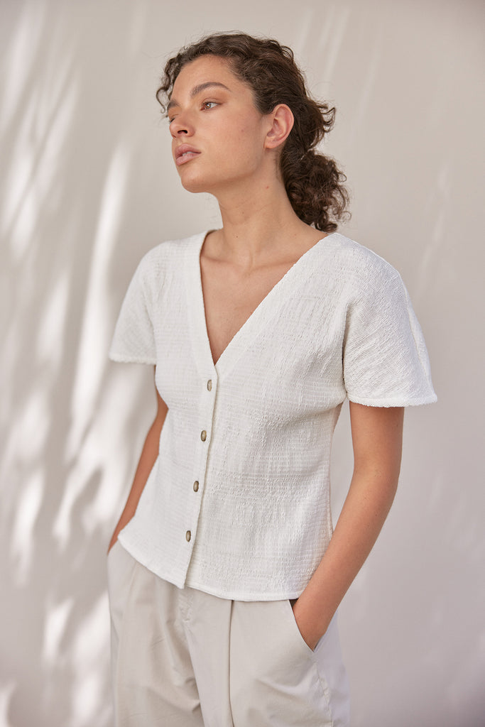 V-Neck Buttoned Smocked Top - Sal