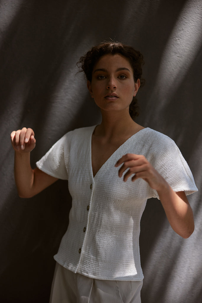 V-Neck Buttoned Smocked Top - Sal