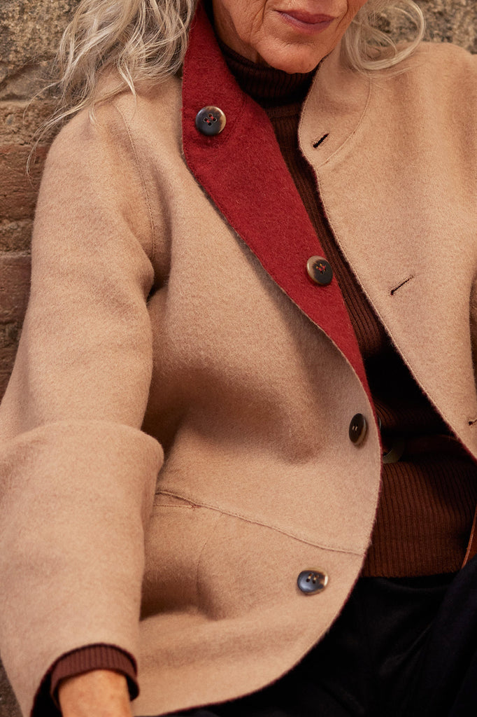 Two-Tone Reversible Baby Alpaca Coat - Beige/Berry