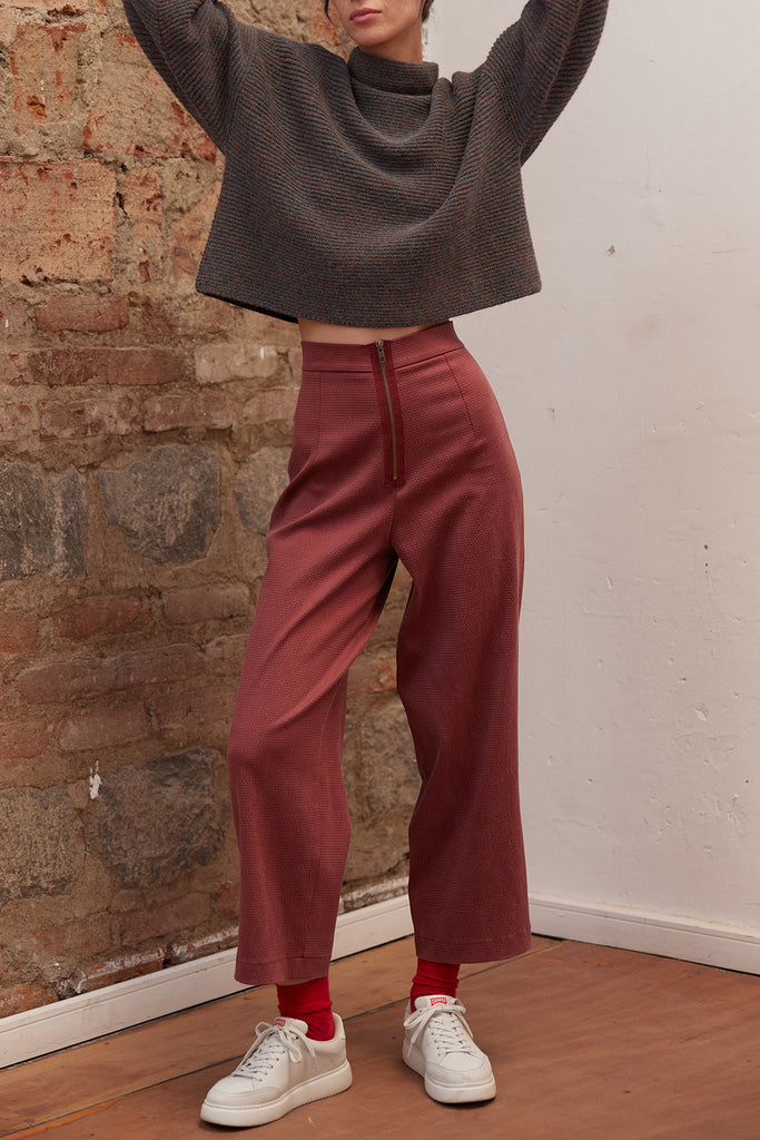 High-Waisted Textured Lyocell Pant - Berry