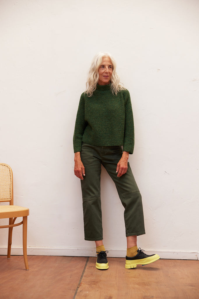Horizontal Knit Funnel Neck Alpaca Sweater - Musgo