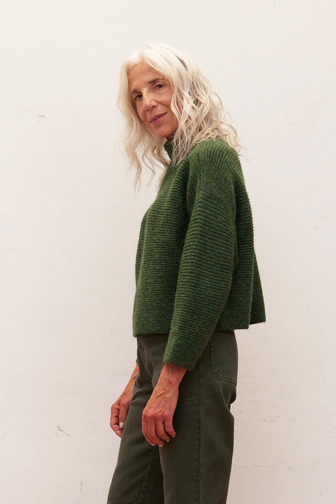 Horizontal Knit Funnel Neck Alpaca Sweater - Musgo