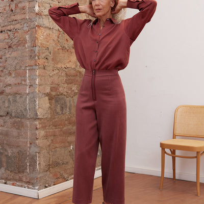 High-Waisted Textured Lyocell Pant - Berry