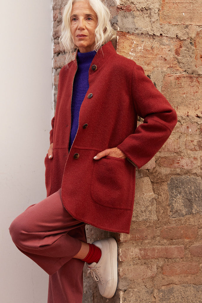 Two-Tone Reversible Baby Alpaca Coat - Beige/Berry