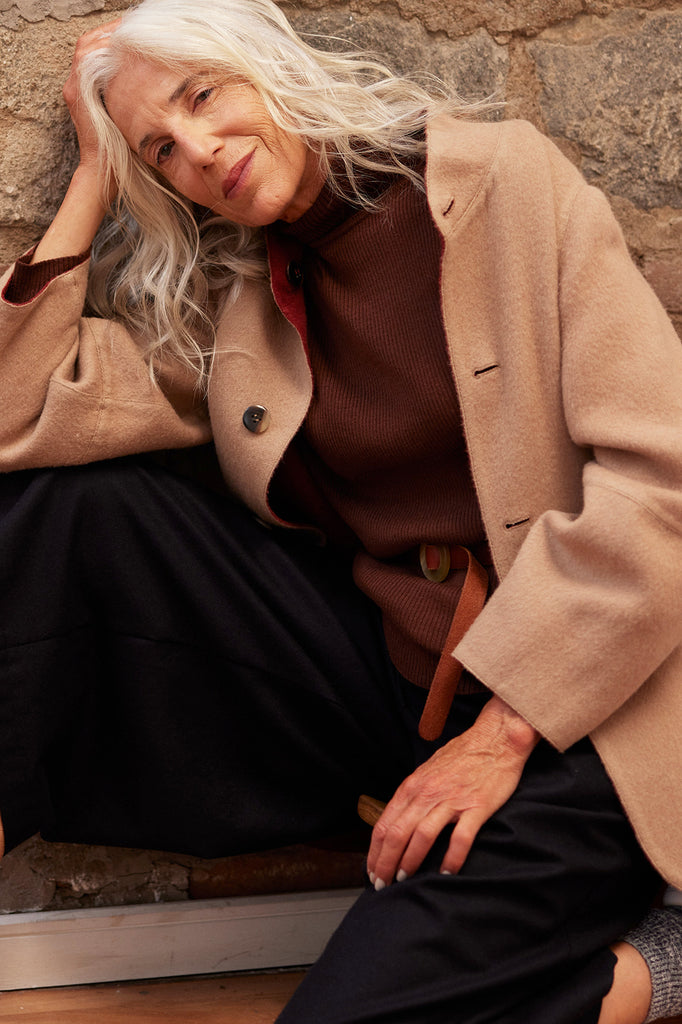 Two-Tone Reversible Baby Alpaca Coat - Beige/Berry