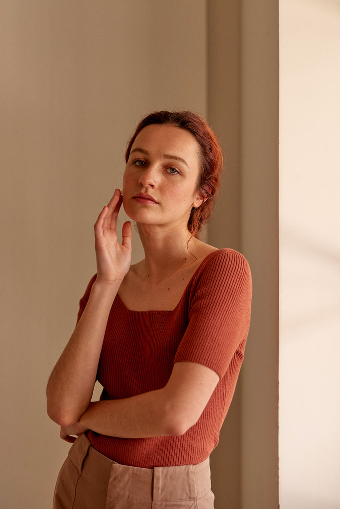 Ribbed Open Neckline Knitted Top - Coral