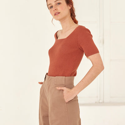 Ribbed Open Neckline Knitted Top - Coral