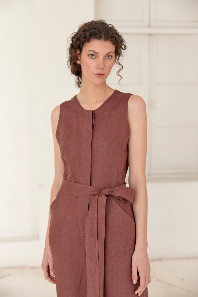 Tie-Waist Sleeveless Linen Jumpsuit - Higo
