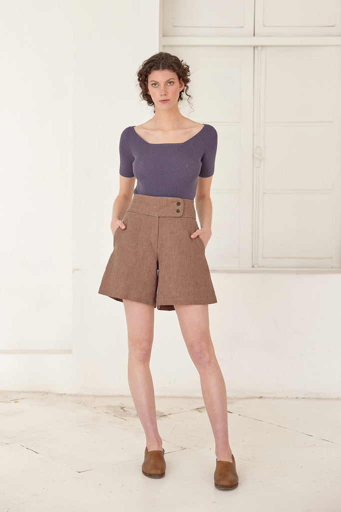 Ribbed Open Neckline Knitted Top - Hortensia