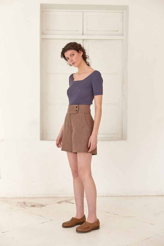 Ribbed Open Neckline Knitted Top - Hortensia