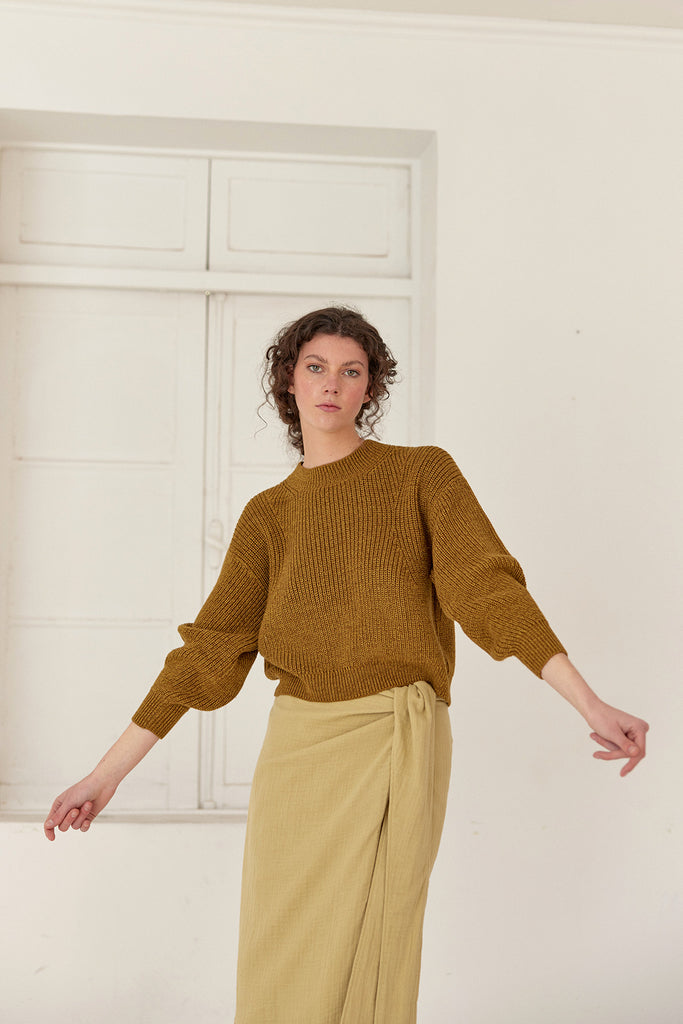 Cropped Crew Neck Cotton/Alpaca Sweater - Oliva