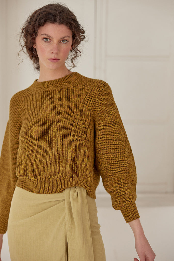 Cropped Crew Neck Cotton/Alpaca Sweater - Oliva