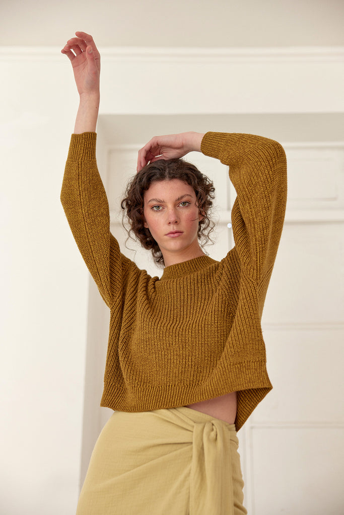 Cropped Crew Neck Cotton/Alpaca Sweater - Oliva