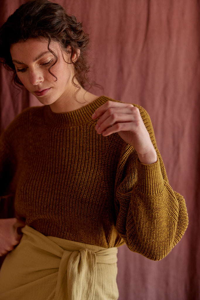 Cropped Crew Neck Cotton/Alpaca Sweater - Oliva