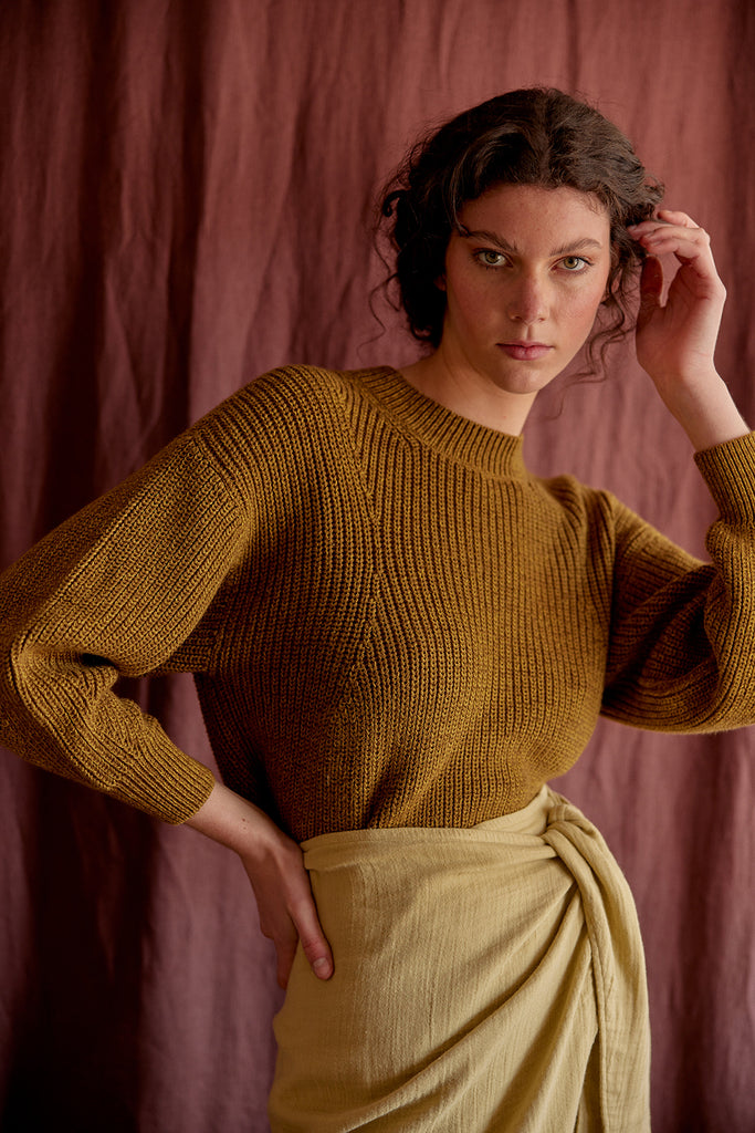 Cropped Crew Neck Cotton/Alpaca Sweater - Oliva