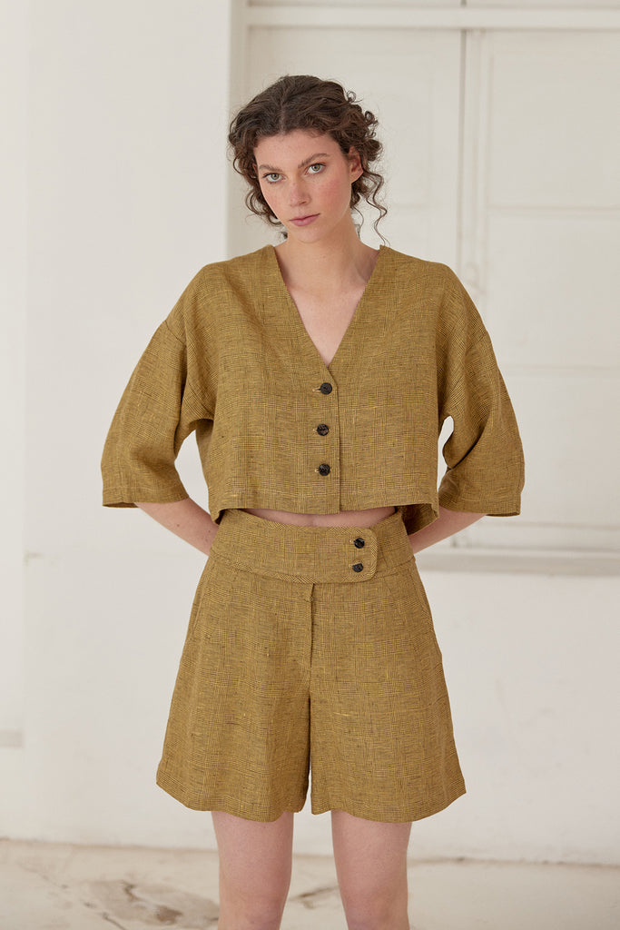 Short Tiro Alto Lino - Ocre Cuadrillé