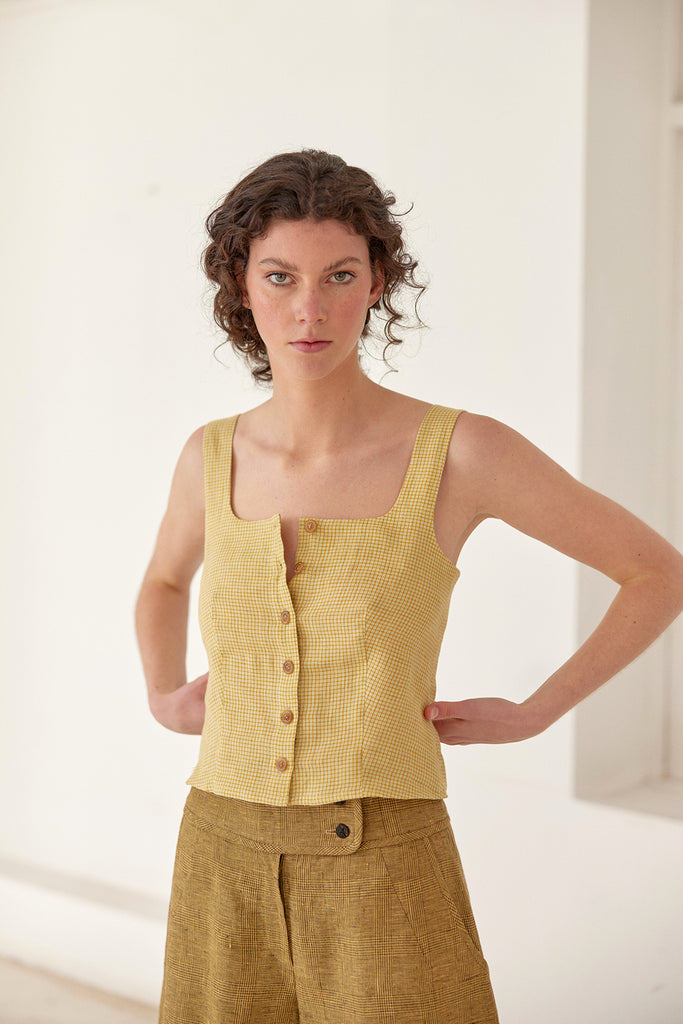 Buttoned Square Neck Linen Top - Trigo Cuadrillé