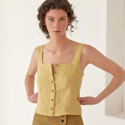Buttoned Square Neck Linen Top - Trigo Cuadrillé