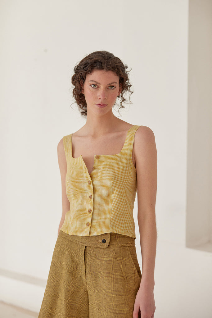Buttoned Square Neck Linen Top - Trigo Cuadrillé