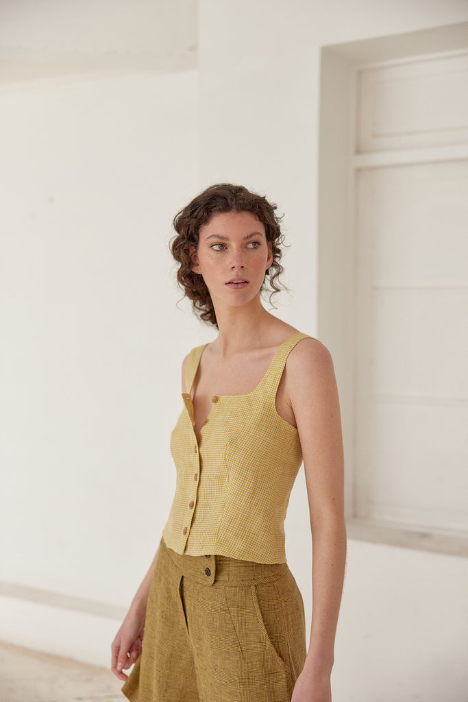 Buttoned Square Neck Linen Top - Trigo Cuadrillé