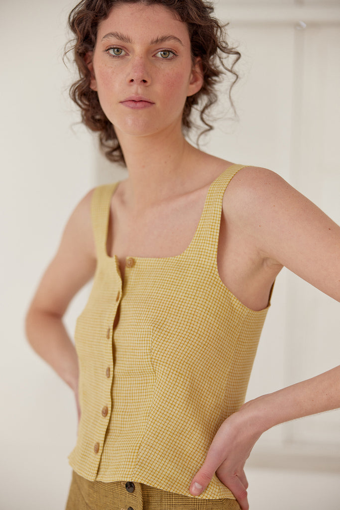 Buttoned Square Neck Linen Top - Trigo Cuadrillé