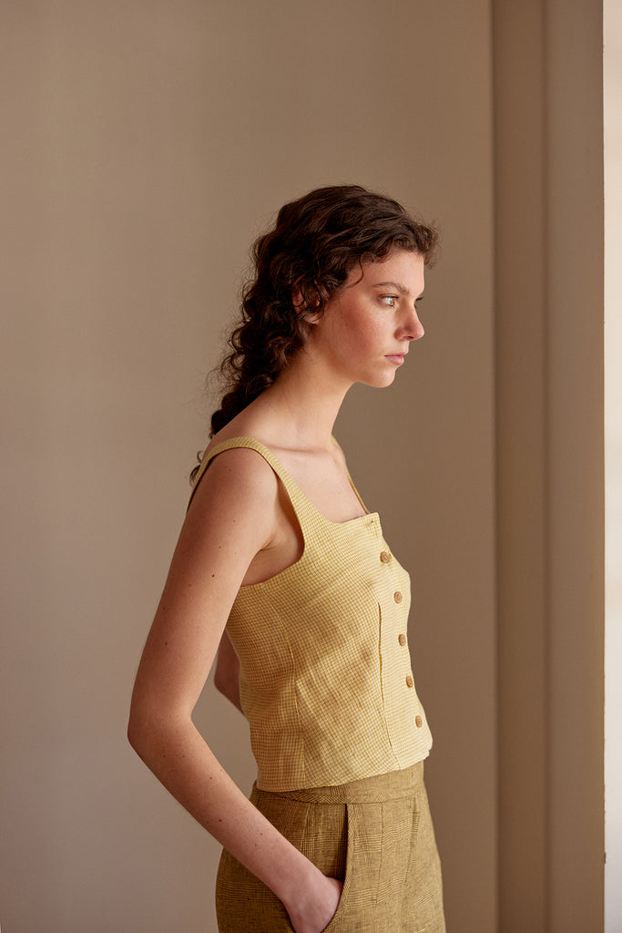 Buttoned Square Neck Linen Top - Trigo Cuadrillé