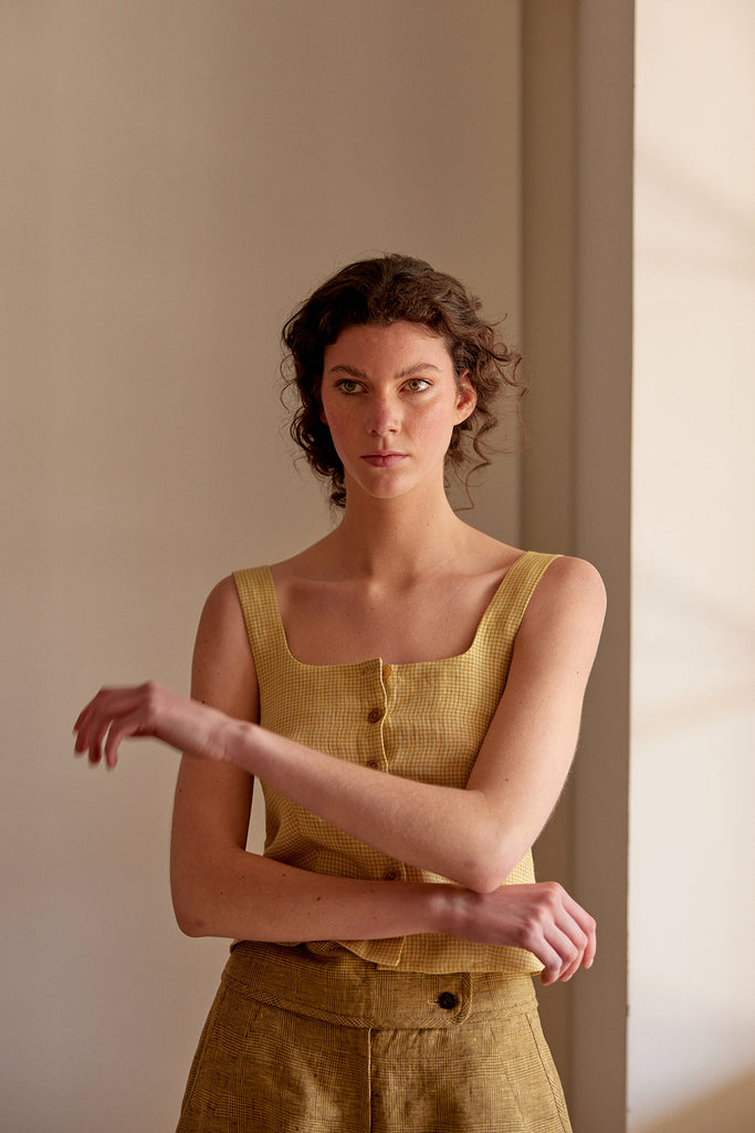 Buttoned Square Neck Linen Top - Trigo Cuadrillé