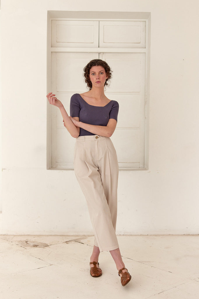 Ribbed Open Neckline Knitted Top - Hortensia