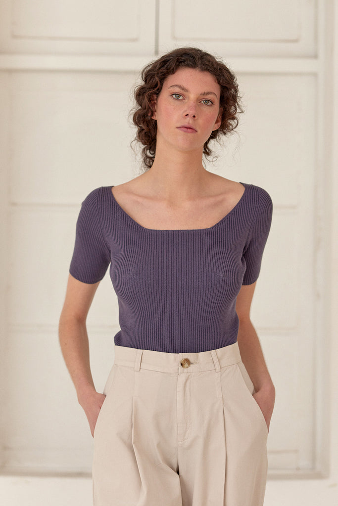 Ribbed Open Neckline Knitted Top - Hortensia