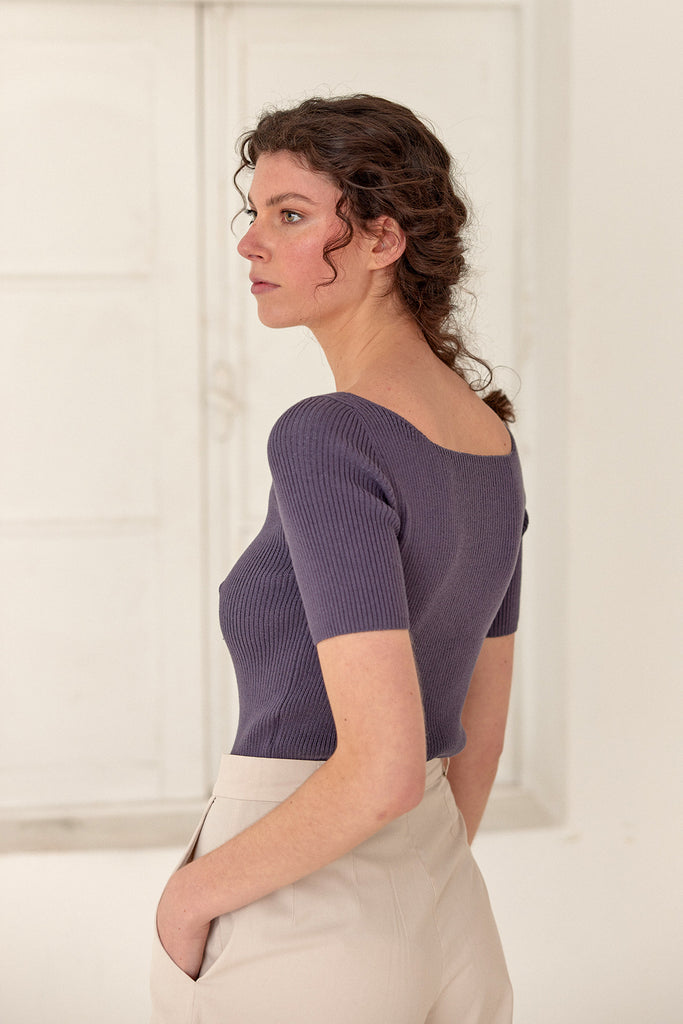 Ribbed Open Neckline Knitted Top - Hortensia
