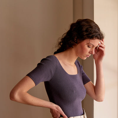 Ribbed Open Neckline Knitted Top - Hortensia