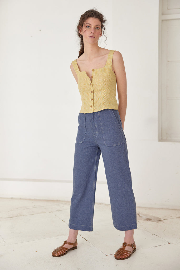 Buttoned Square Neck Linen Top - Trigo Cuadrillé
