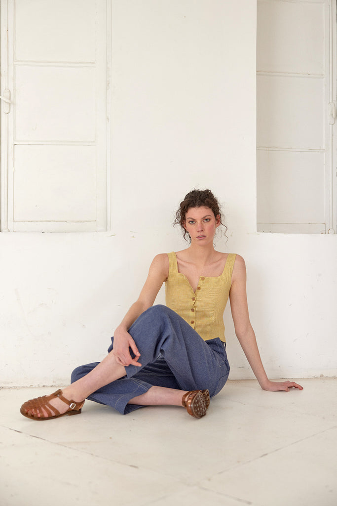Buttoned Square Neck Linen Top - Trigo Cuadrillé